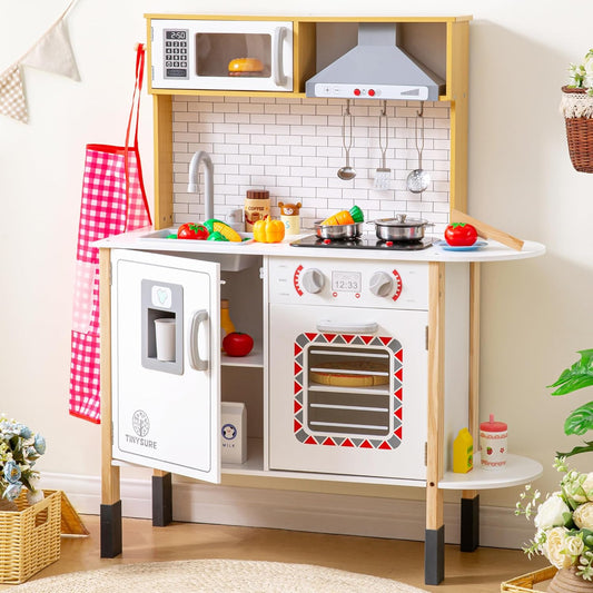Play Kitchen for Kids - Toy Kitchen Set for Toddlers with Realistic Lights and Sounds, Kids Kitchen Playset with Abundant Toy Food Set