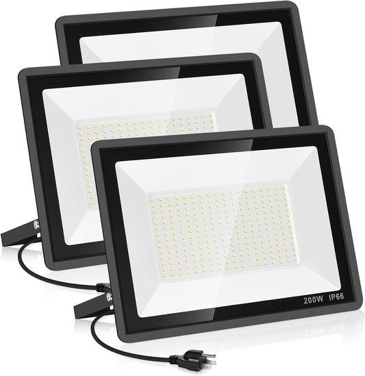 3 Pack 200W LED Flood Light,Super Bright Exterior Security Lights With Plug,IP66 Waterproof Outdoor Flood Light, 22800lm 5000K Daylight White Floodlight for Yard, Garden,Basketball Court, Arena