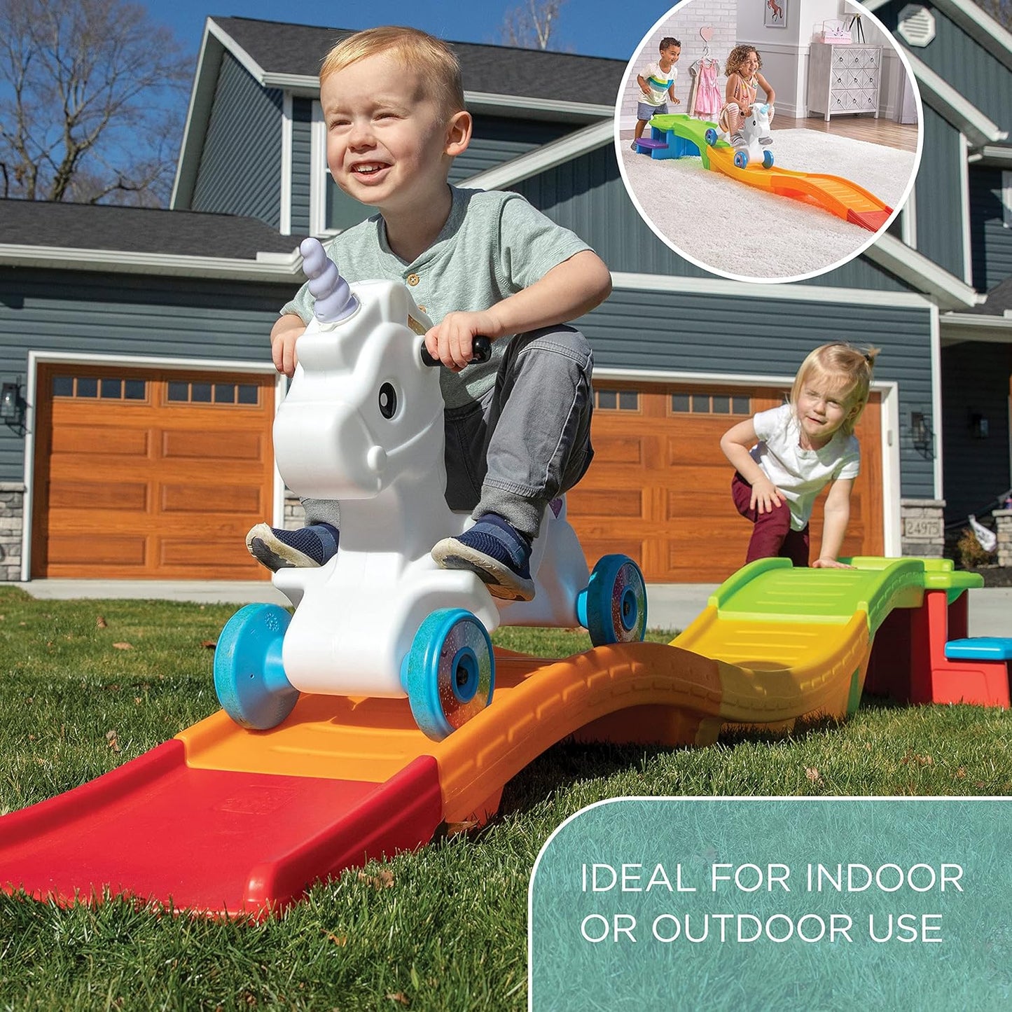 Kids Unicorn Up and Down Roller Coaster Toy, Ride Stroller, Indoor/Outdoor Toy Set