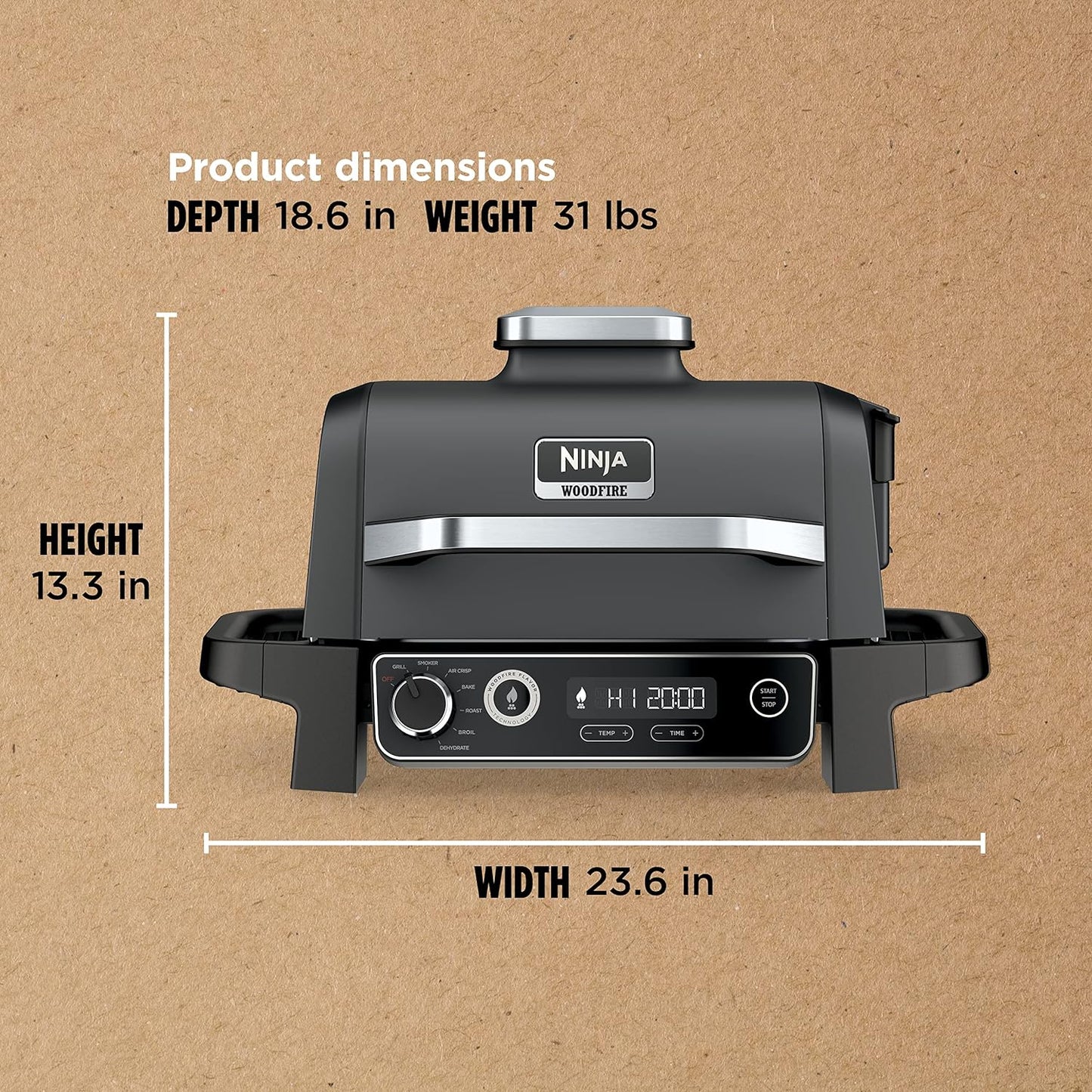 7-in-1 Grill & Smoker with Thermometer, Air Fryer, BBQ, Bake, Roast, Broil - Portable Electric Outdoor Grill, Grey