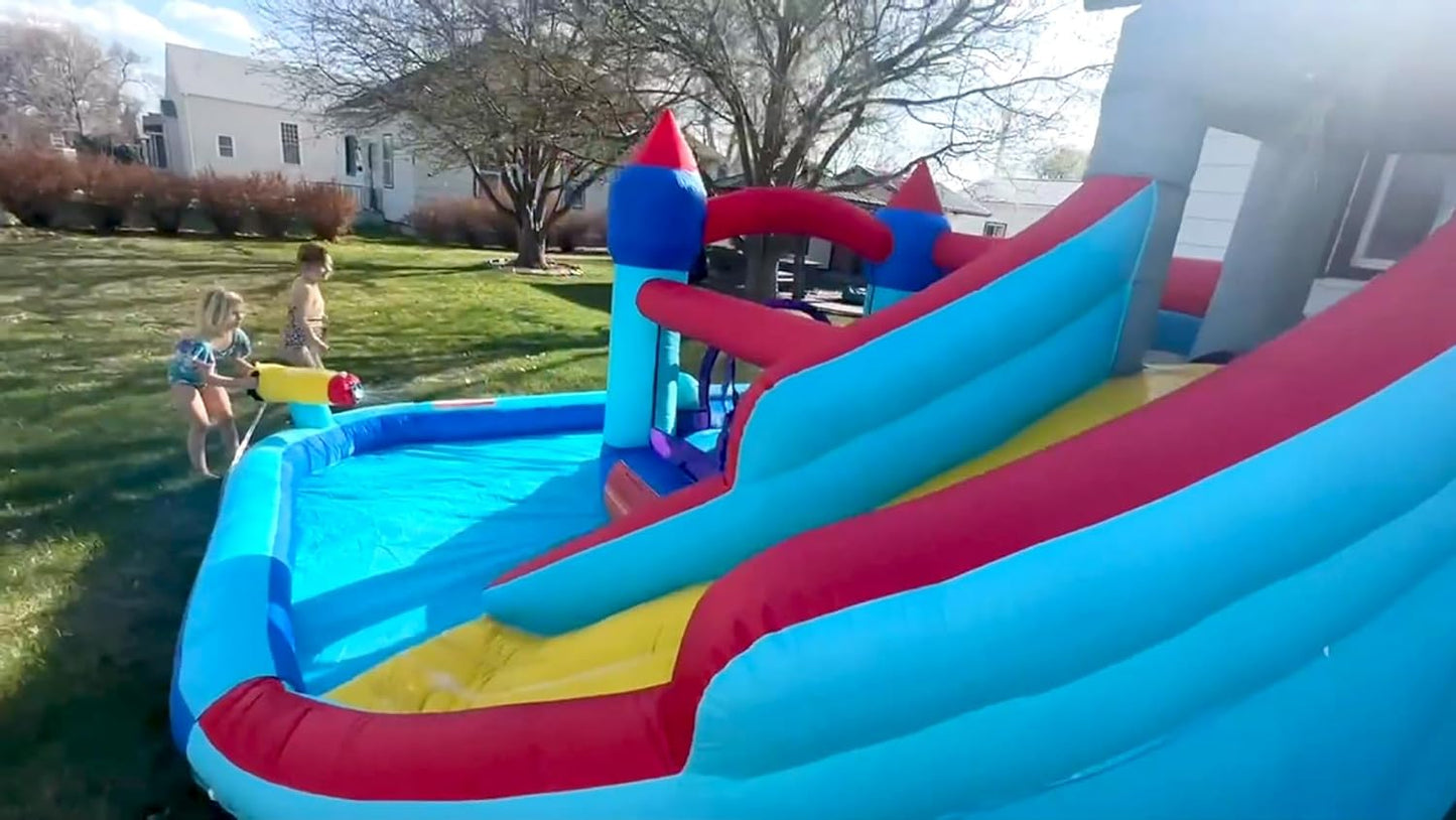 Inflatable Water Slides for Kids 8-in-1 Bounce House Water Park with 450W Blower Climbing Wall, Splash Pool, 2 Water Cannons, Basketball Hoop, Water Slide, Crocodile Sprinkler for Gift Backyard Party