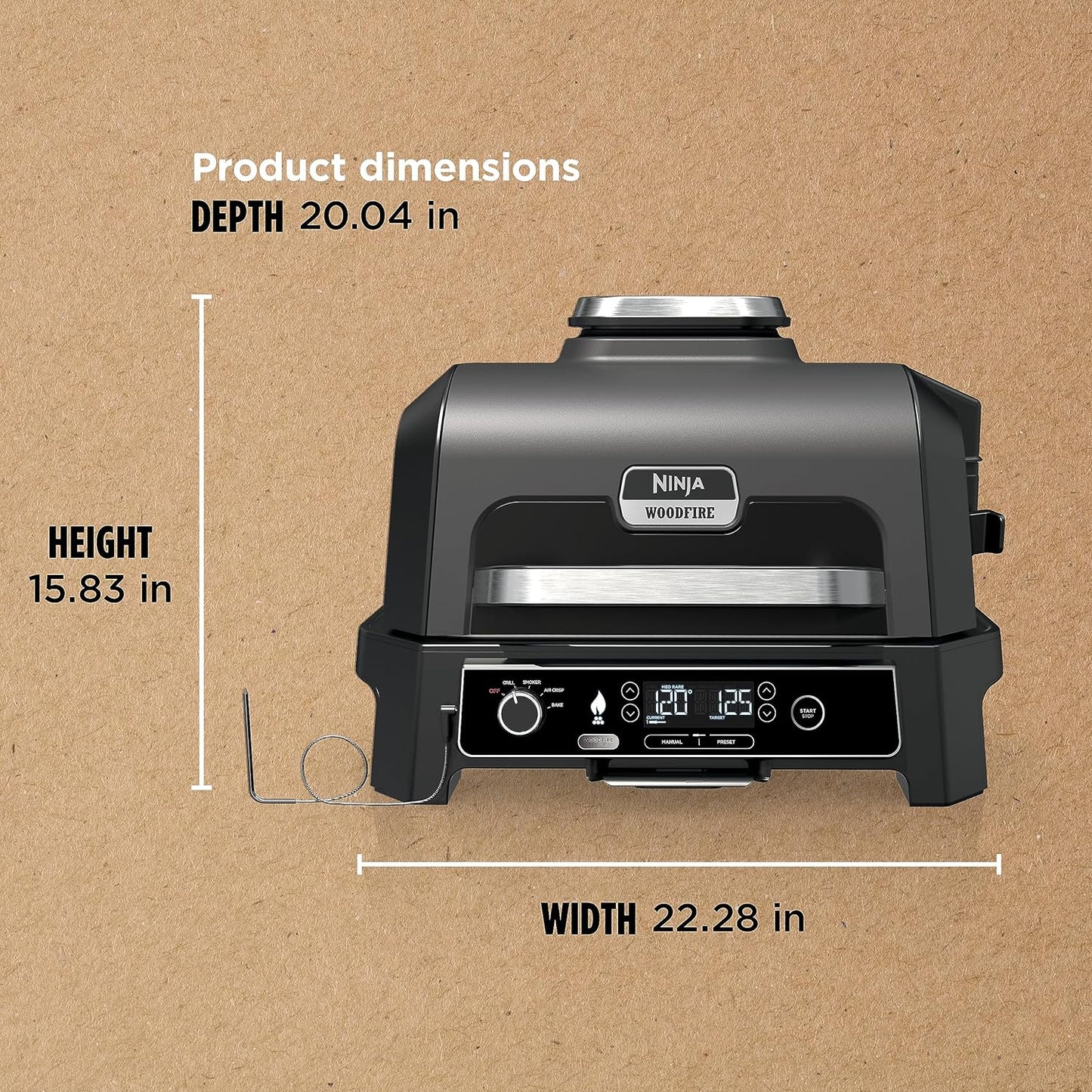 7-in-1 Grill & Smoker with Thermometer, Air Fryer, BBQ, Bake, Roast, Broil - Portable Electric Outdoor Grill, Grey