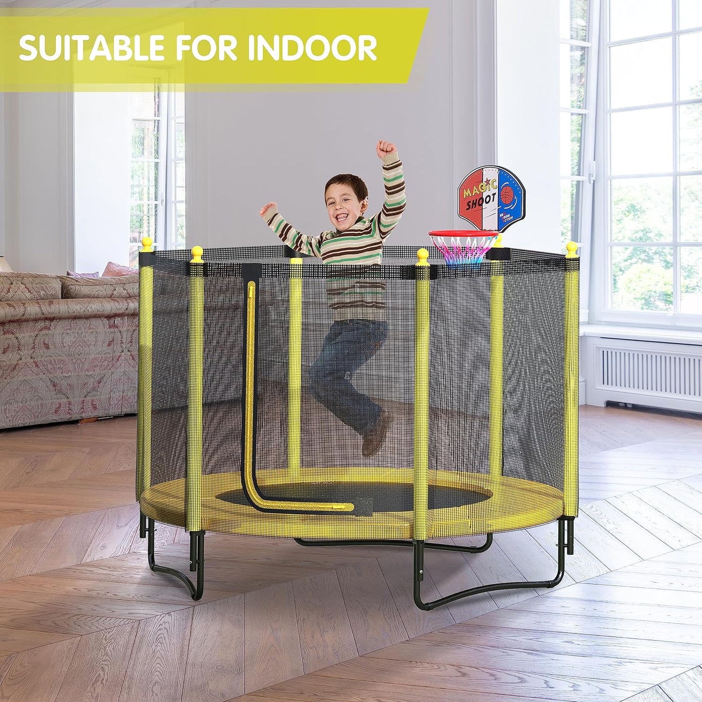 60" Kids Trampoline with Safety Enclosure Net, 5FT Toddler Indoor & Outdoor Trampoline/w Basketball Hoop - Parent-Child Interactive Game Fitness Trampoline Toy Gift for Boys and Girls Age 1-8